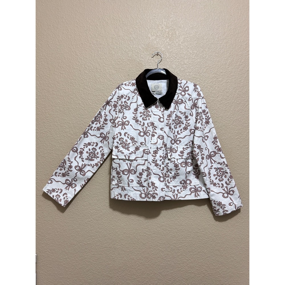 Stoosh Medium Floral Bow Canvas Chore Jacket White Brown Coquette Barn Shacket
